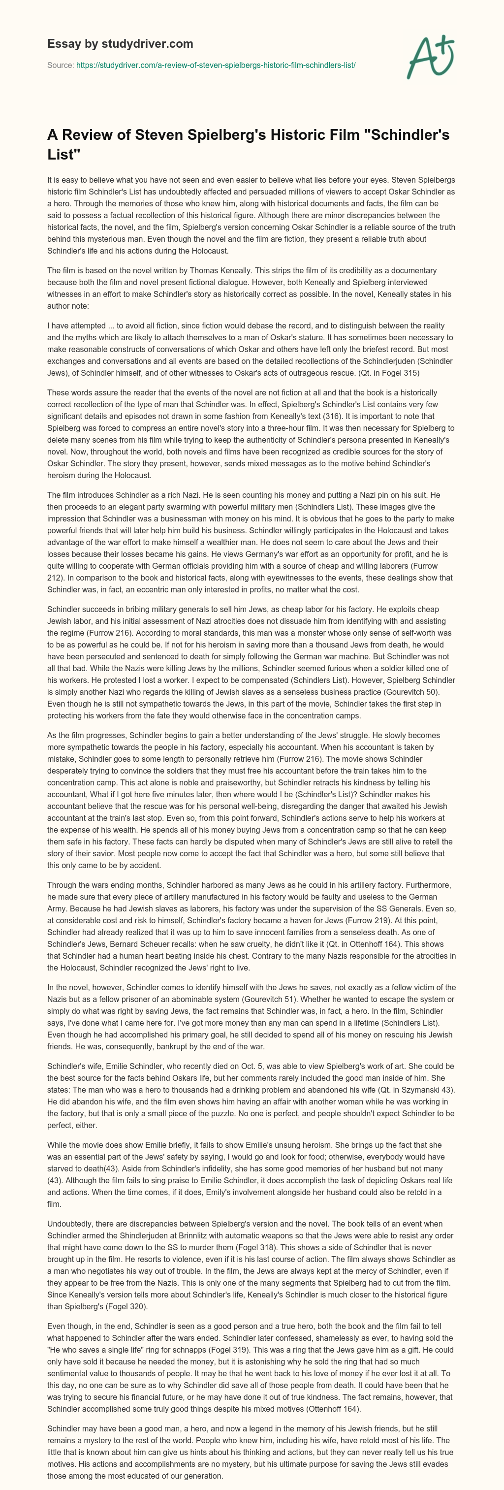 A Review of Steven Spielberg’s Historic Film “Schindler’s List” essay