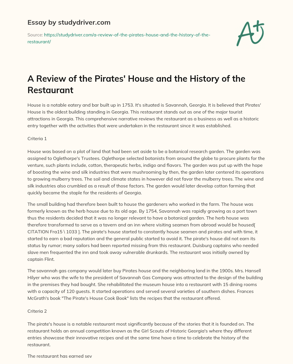 A Review of the Pirates’ House and the History of the Restaurant essay