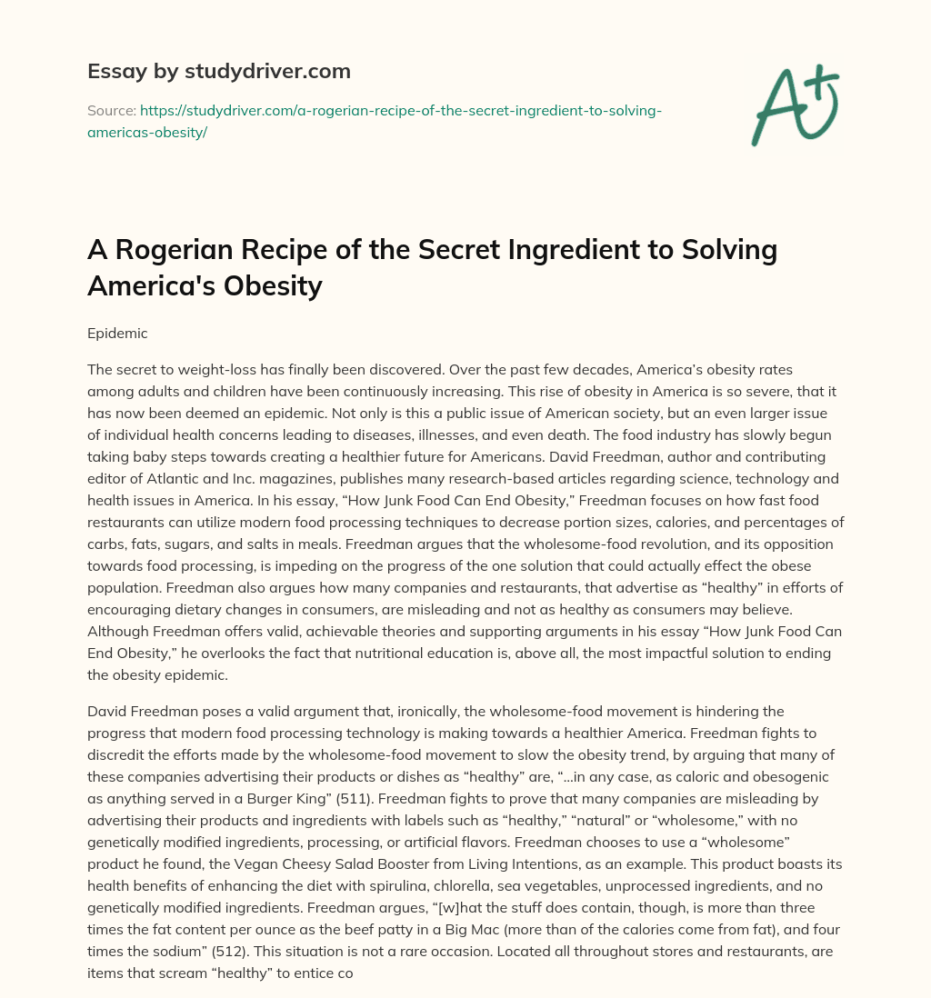A Rogerian Recipe of the Secret Ingredient to Solving America’s Obesity essay