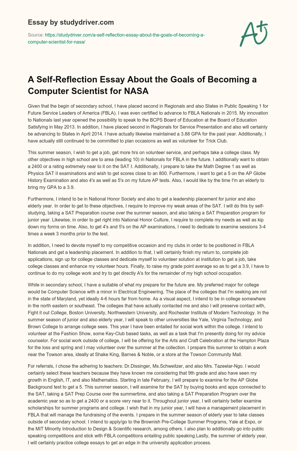 A Self-Reflection Essay about the Goals of Becoming a Computer Scientist for NASA essay