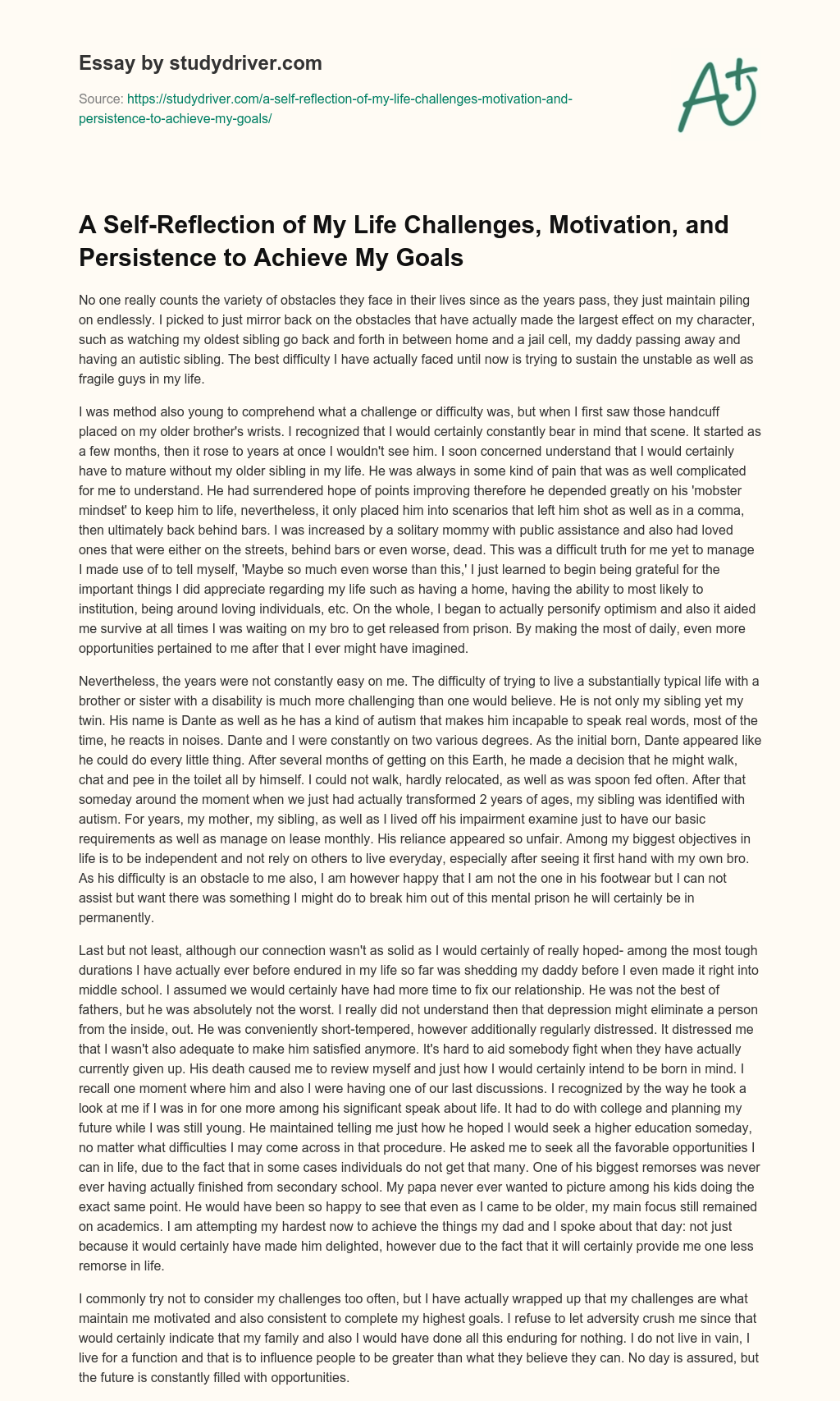 A Self-Reflection of my Life Challenges, Motivation, and Persistence to Achieve my Goals essay