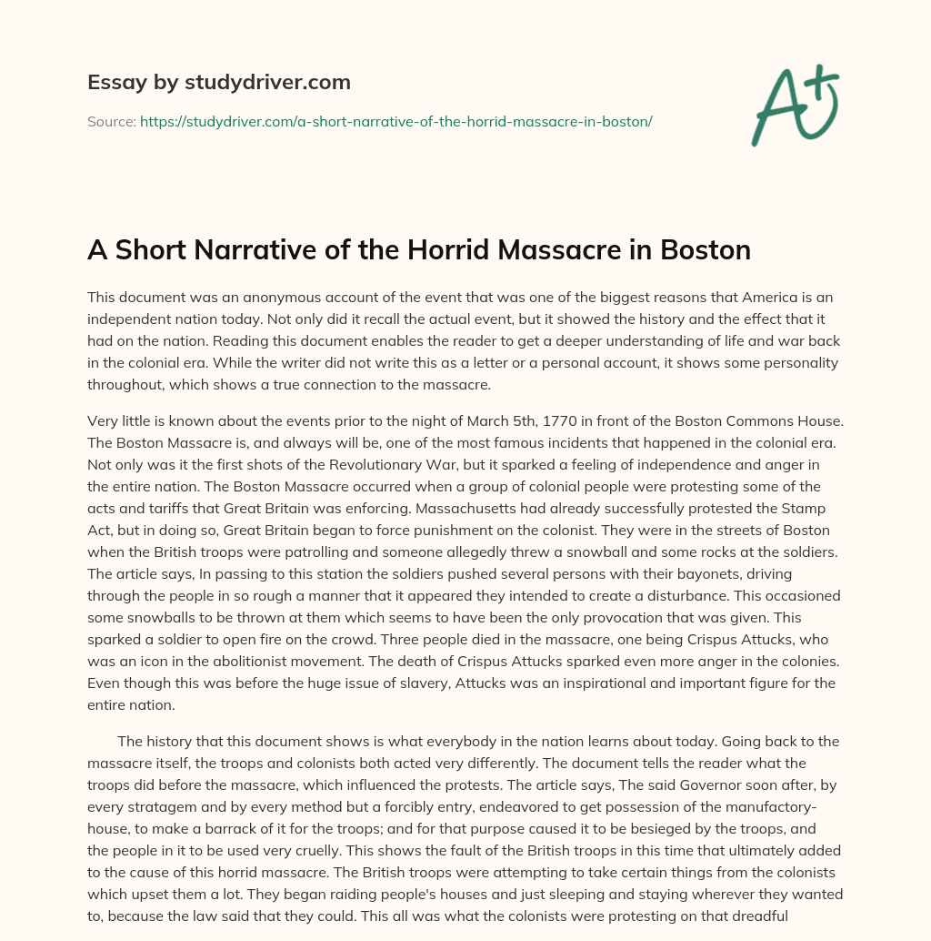 A Short Narrative of the Horrid Massacre in Boston essay