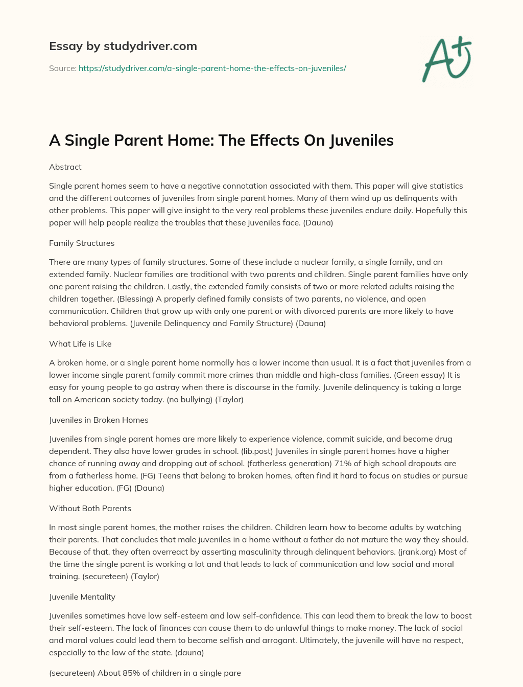 single parent home essay