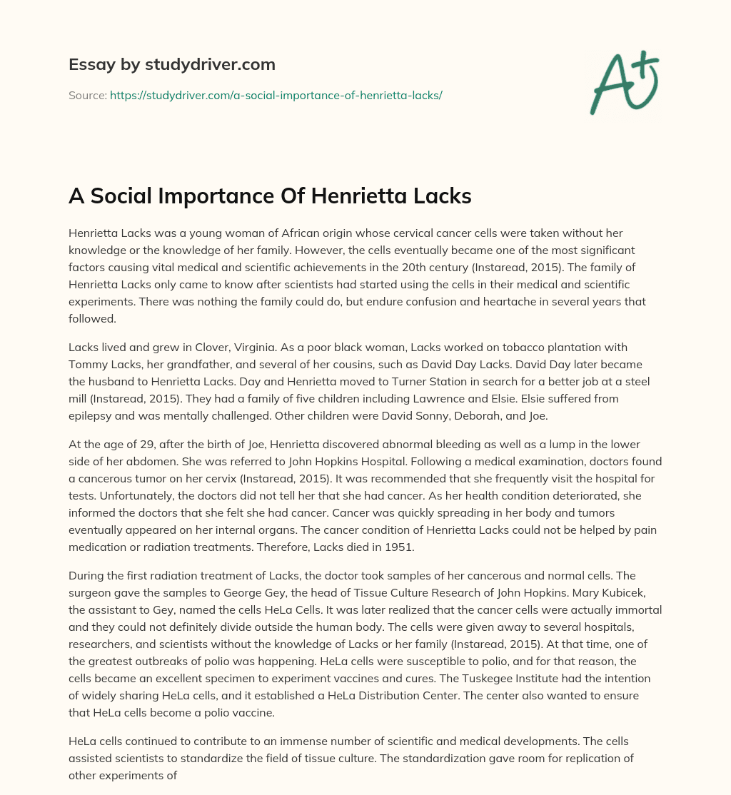 A Social Importance of Henrietta Lacks essay