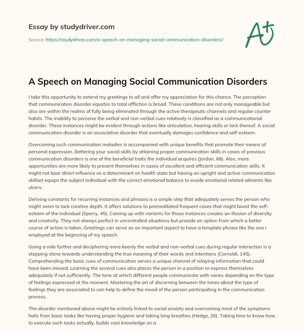 A Speech on Managing Social Communication Disorders essay