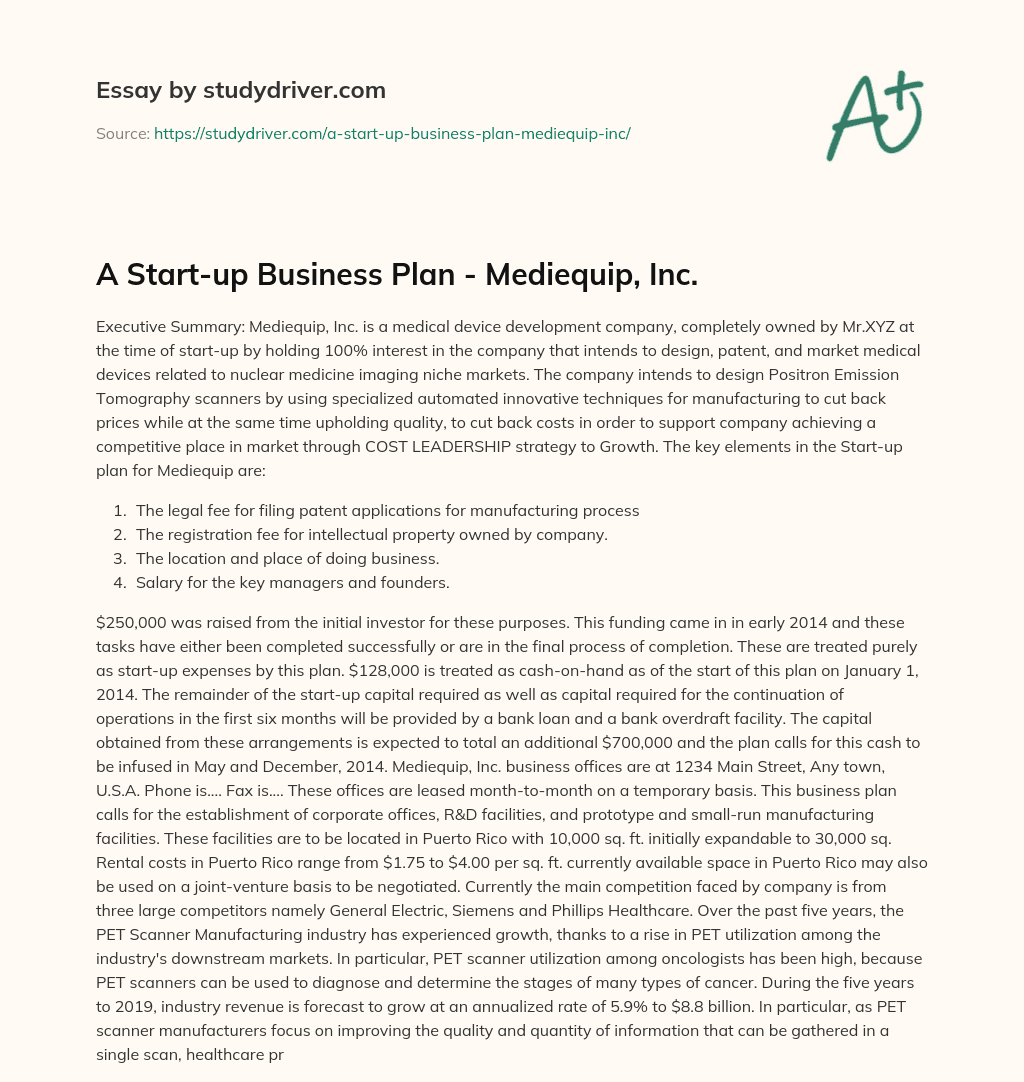 A Start-up Business Plan – Mediequip, Inc. essay