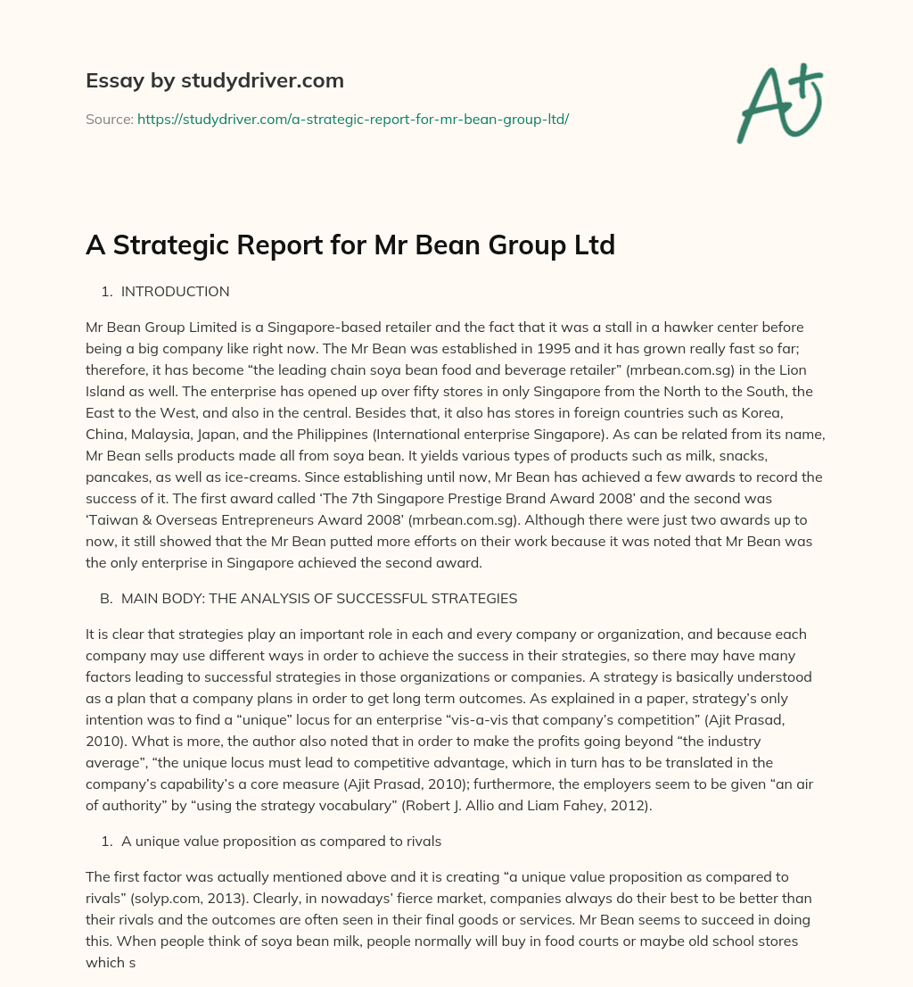 A Strategic Report for Mr Bean Group Ltd essay