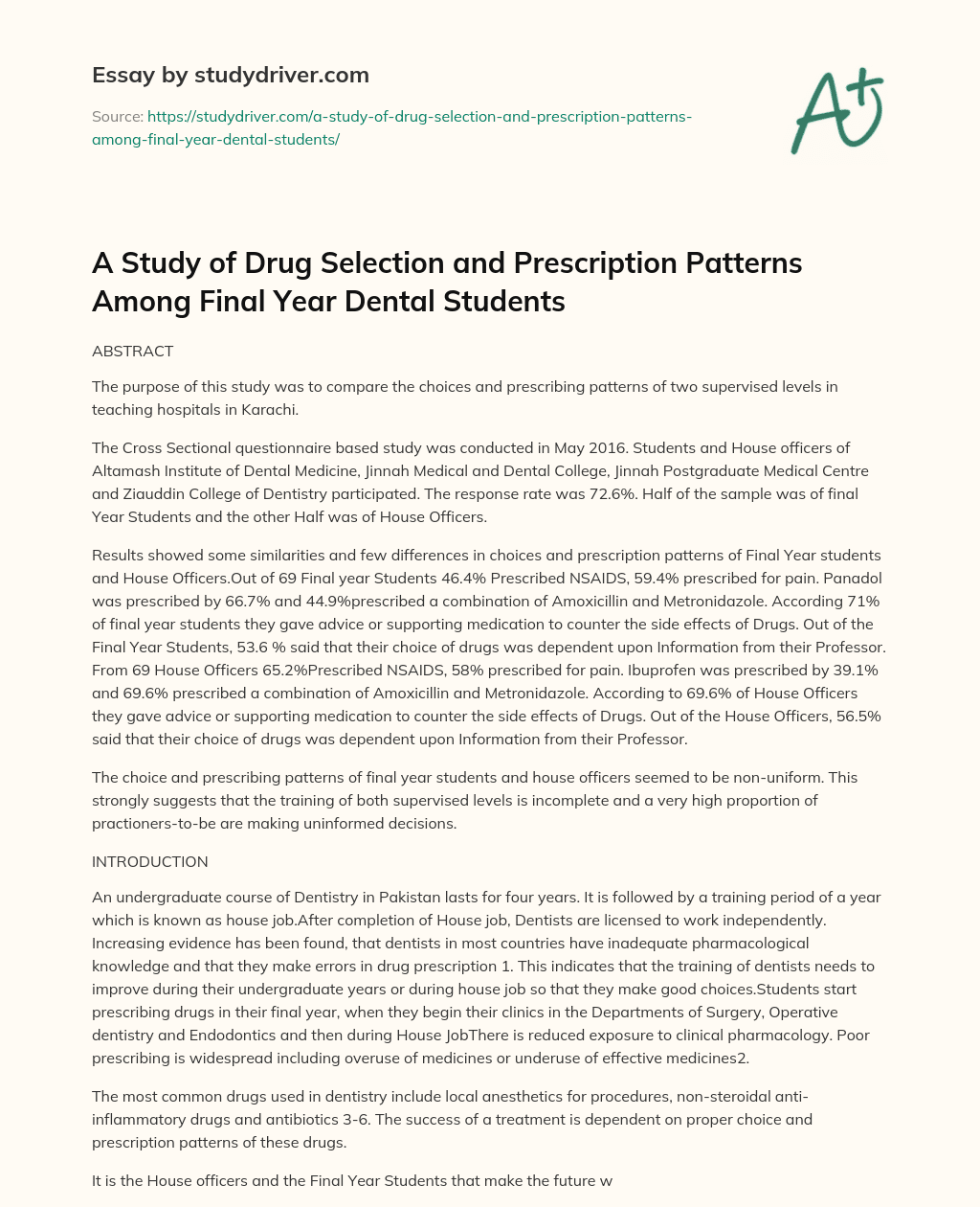 A Study of Drug Selection and Prescription Patterns Among Final Year Dental Students essay