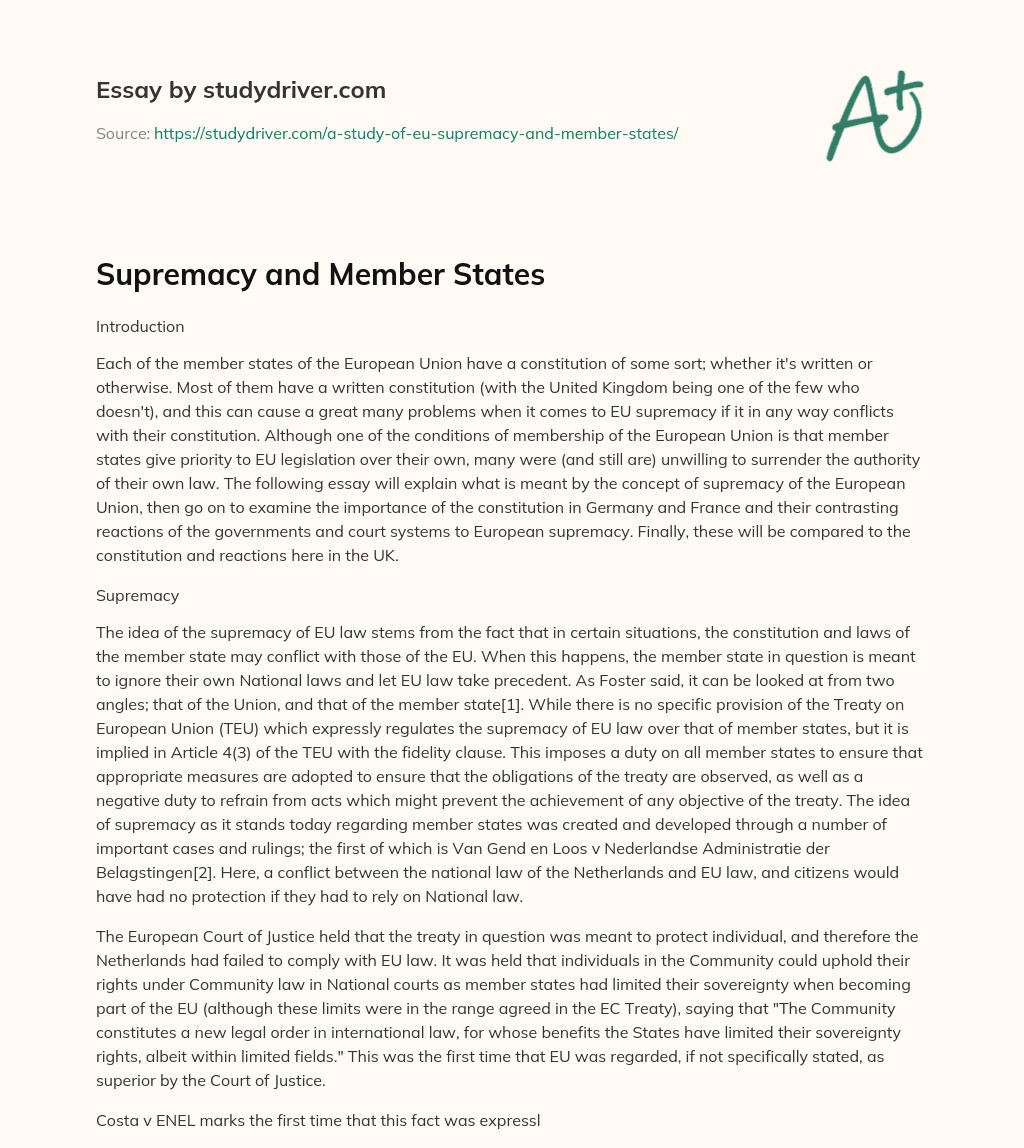 Supremacy and Member States essay