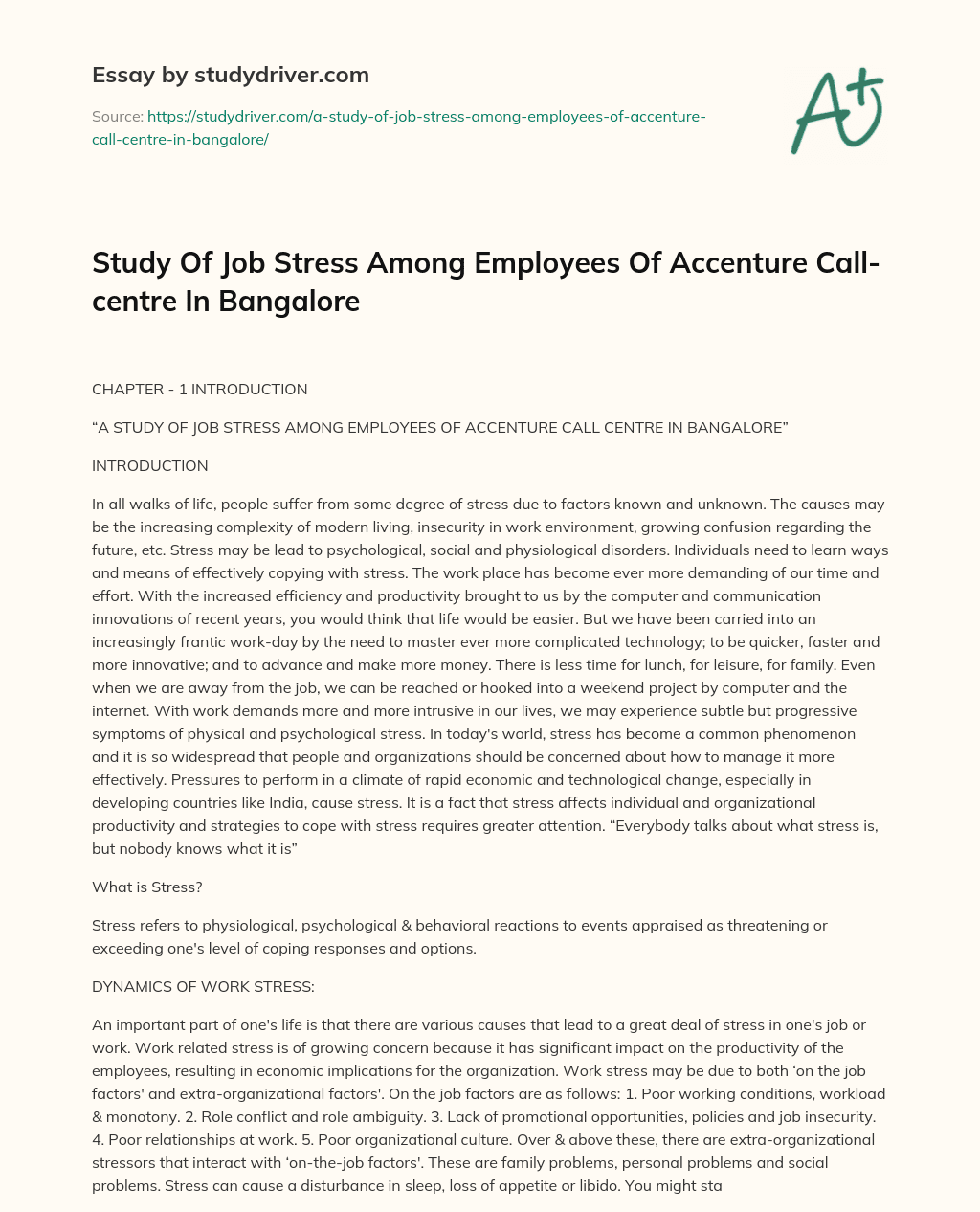 Study of Job Stress Among Employees of Accenture Call-centre in Bangalore essay