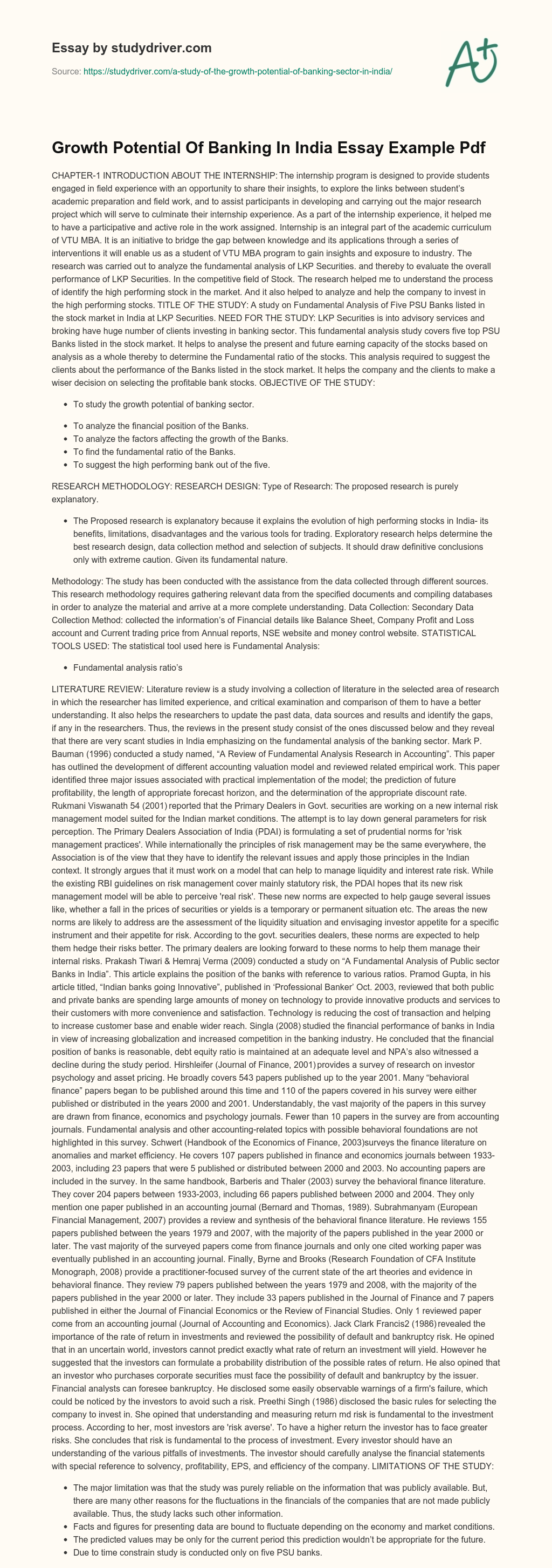 Growth Potential of Banking in India Essay Example Pdf essay