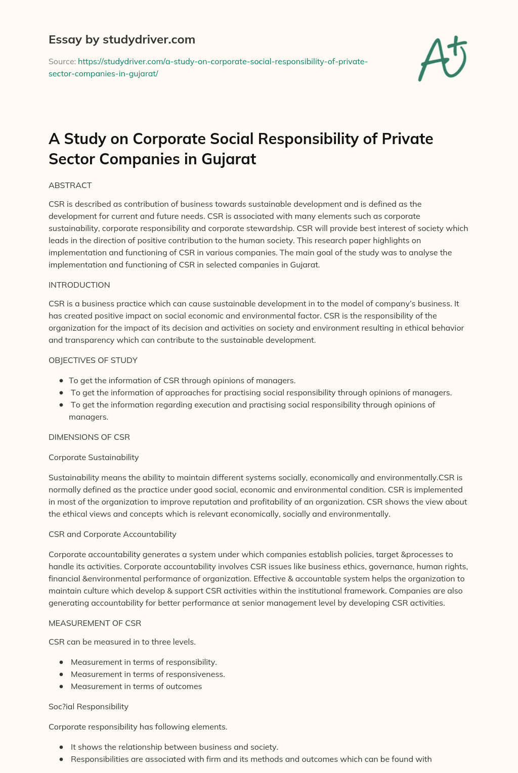 A Study on Corporate Social Responsibility of Private Sector Companies in Gujarat essay
