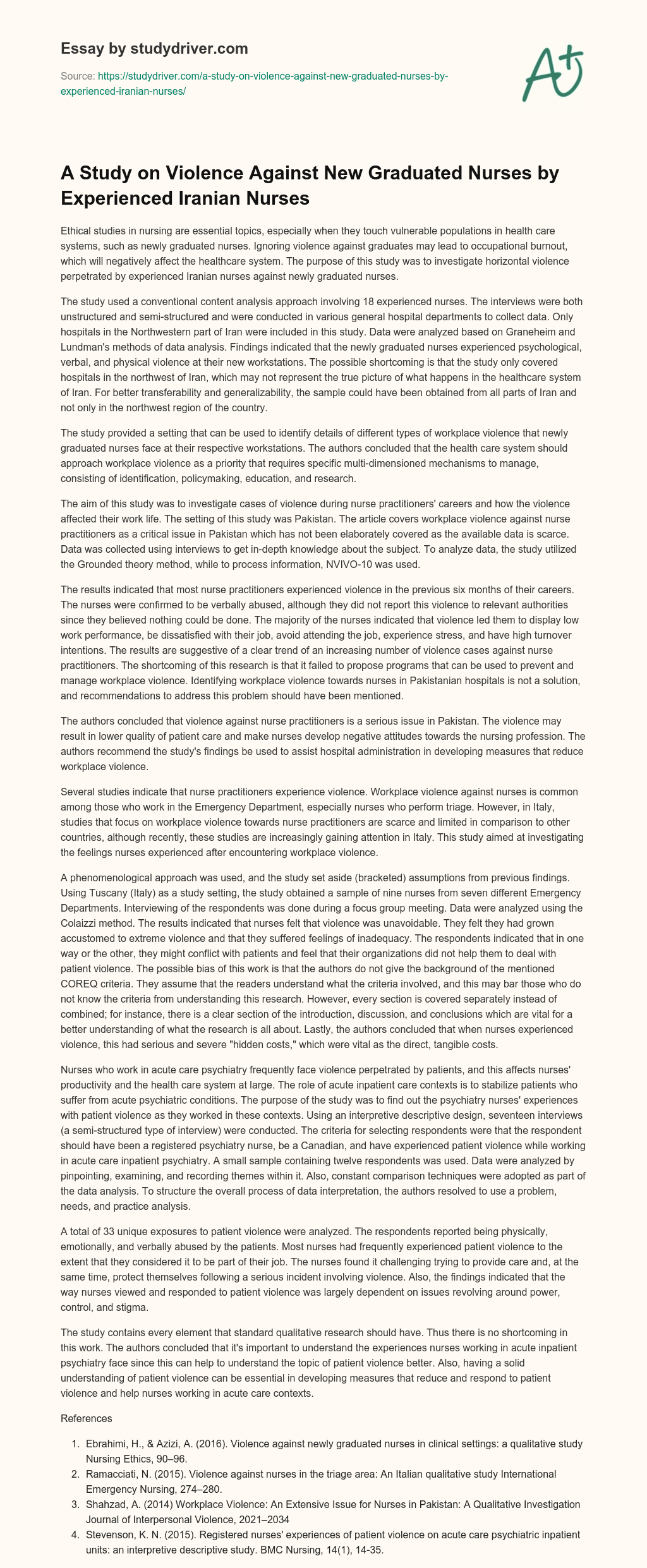 A Study on Violence against New Graduated Nurses by Experienced Iranian Nurses essay