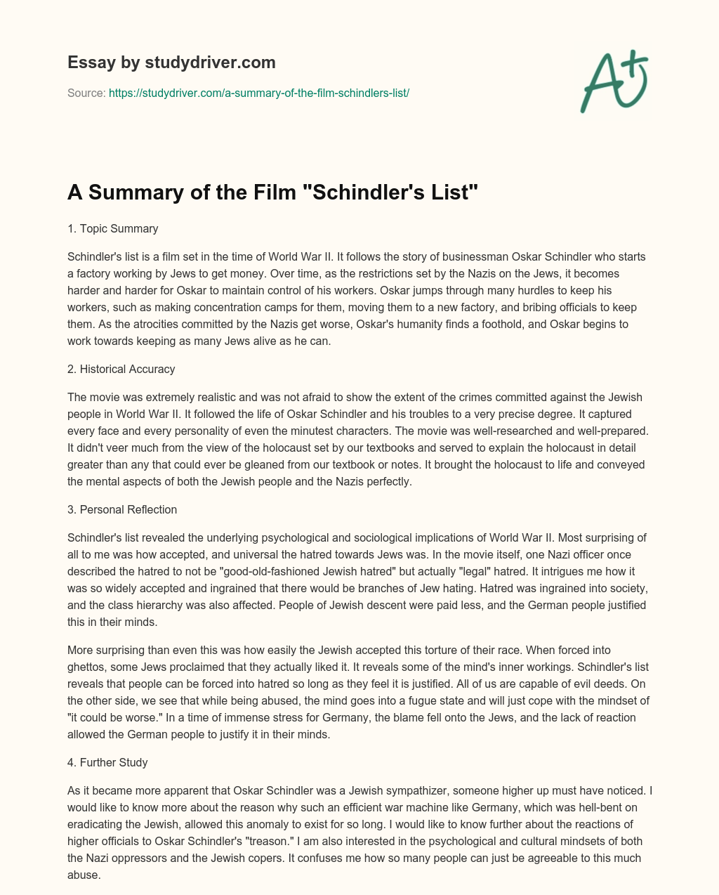A Summary of the Film “Schindler’s List” essay