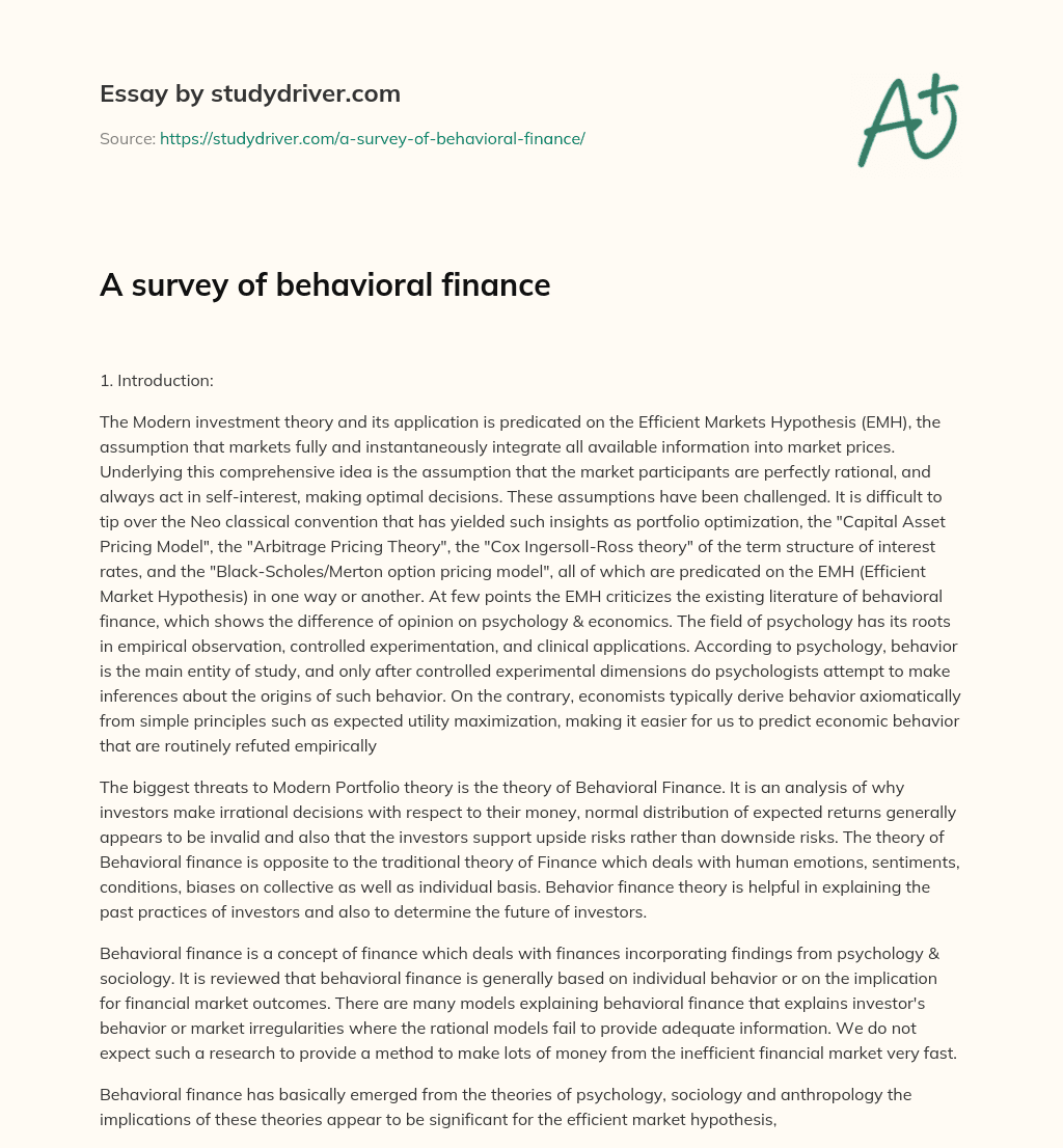 A Survey of Behavioral Finance essay