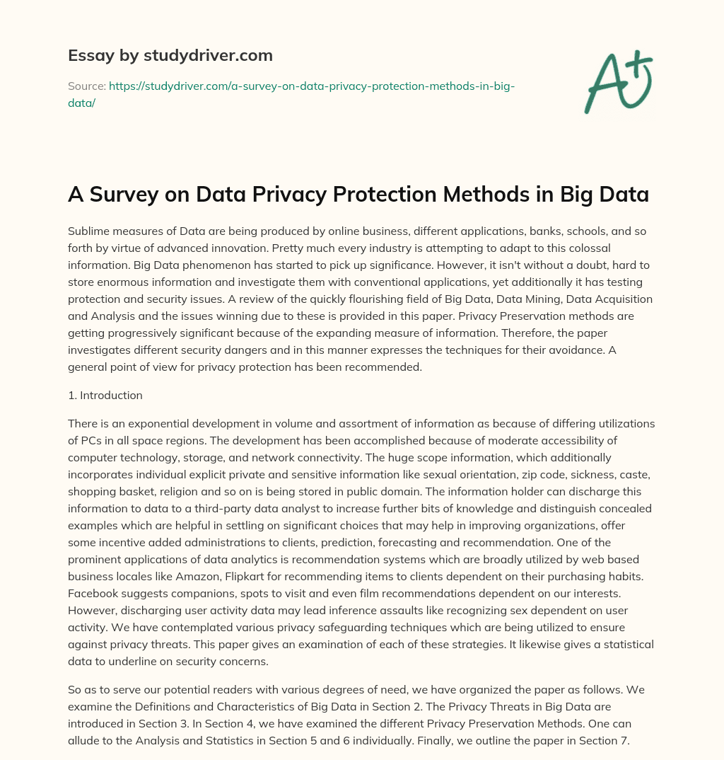 A Survey on Data Privacy Protection Methods in Big Data essay
