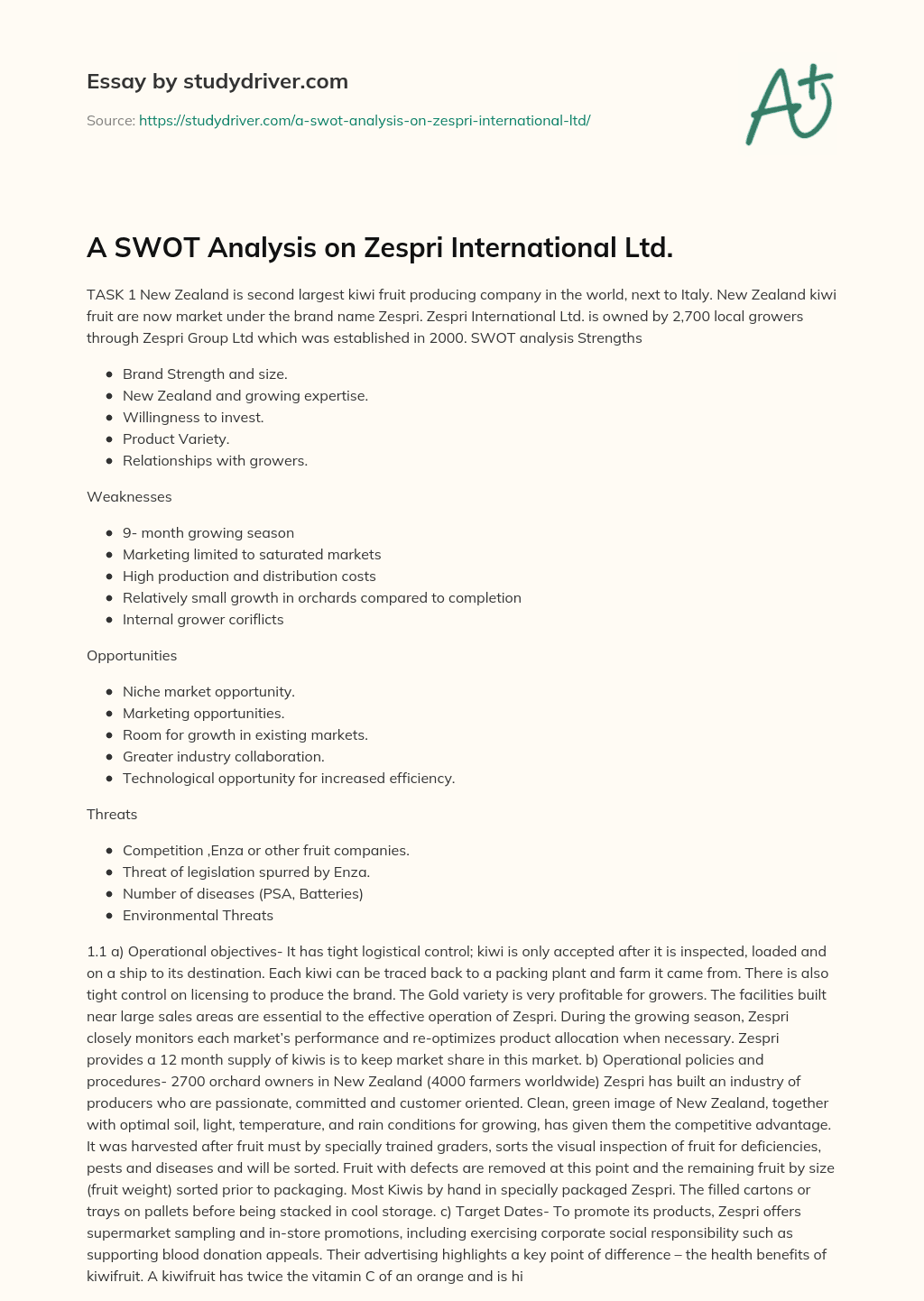A SWOT Analysis on Zespri International Ltd. essay