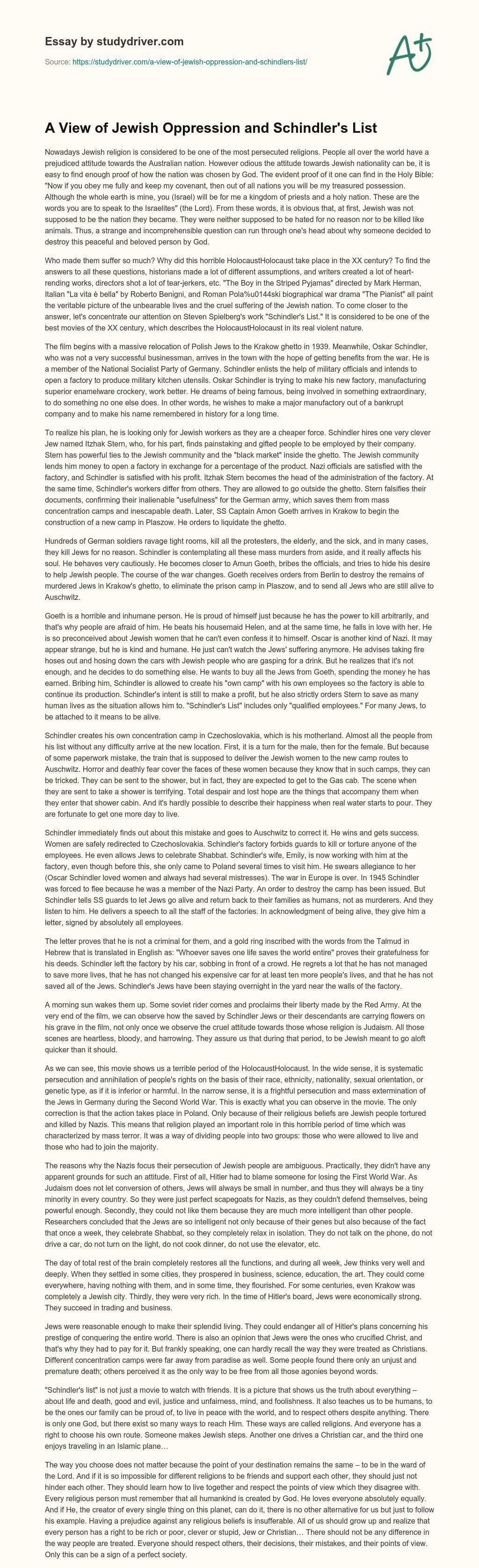 A View of Jewish Oppression and Schindler’s List essay