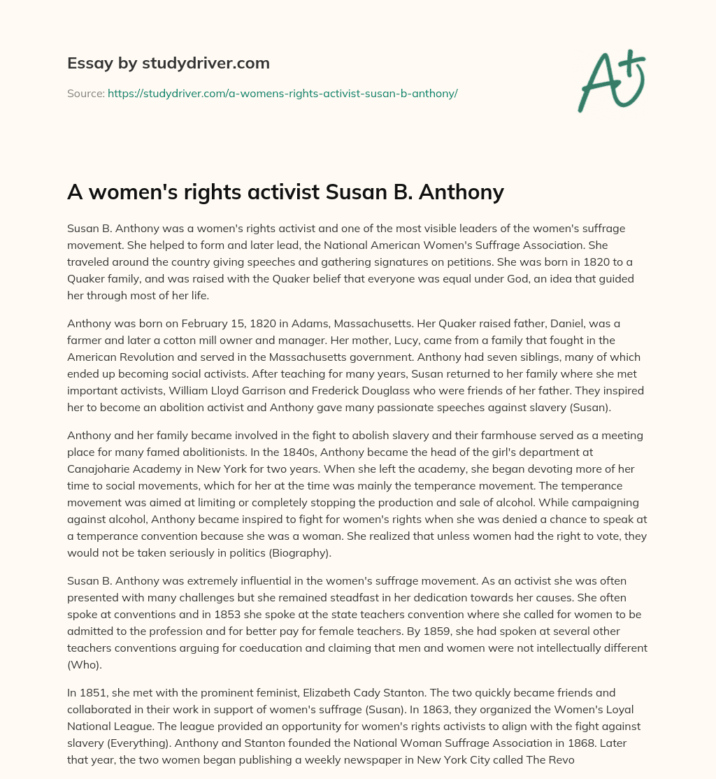 A Women’s Rights Activist Susan B. Anthony essay