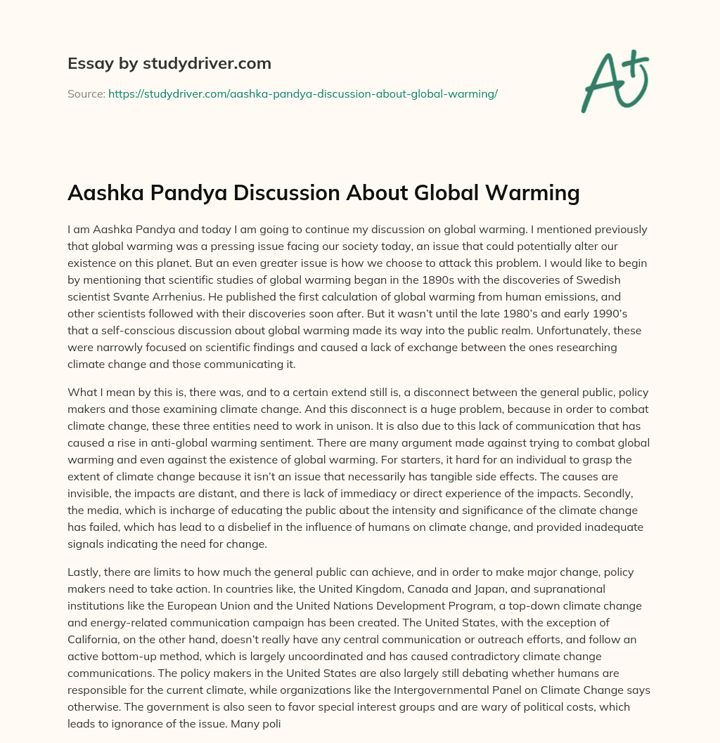 Aashka Pandya Discussion about Global Warming essay