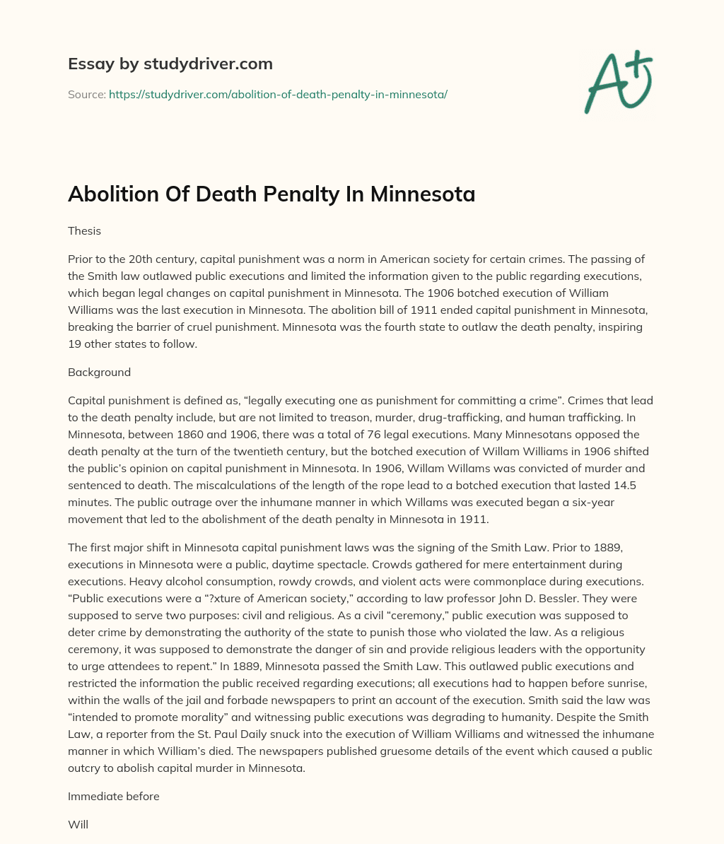 Abolition of Death Penalty in Minnesota essay