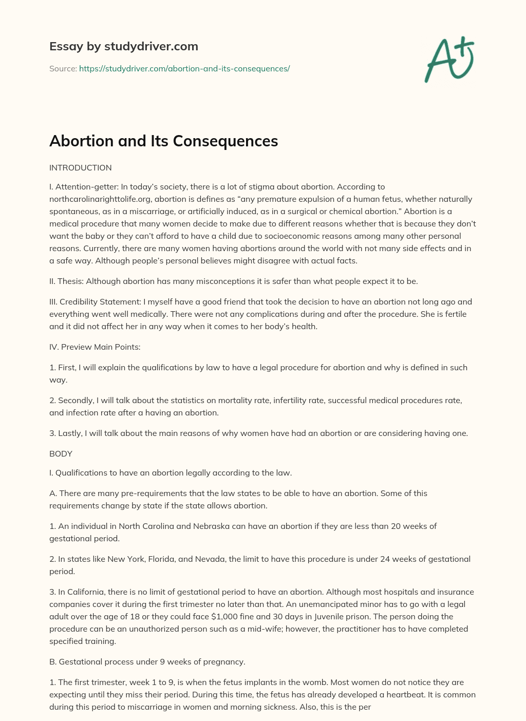 Abortion and its Consequences essay