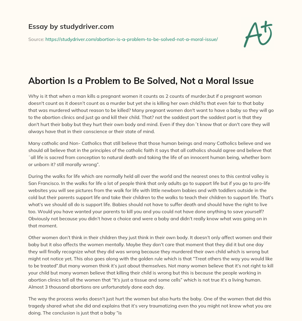 Abortion is a Problem to be Solved, not a Moral Issue essay