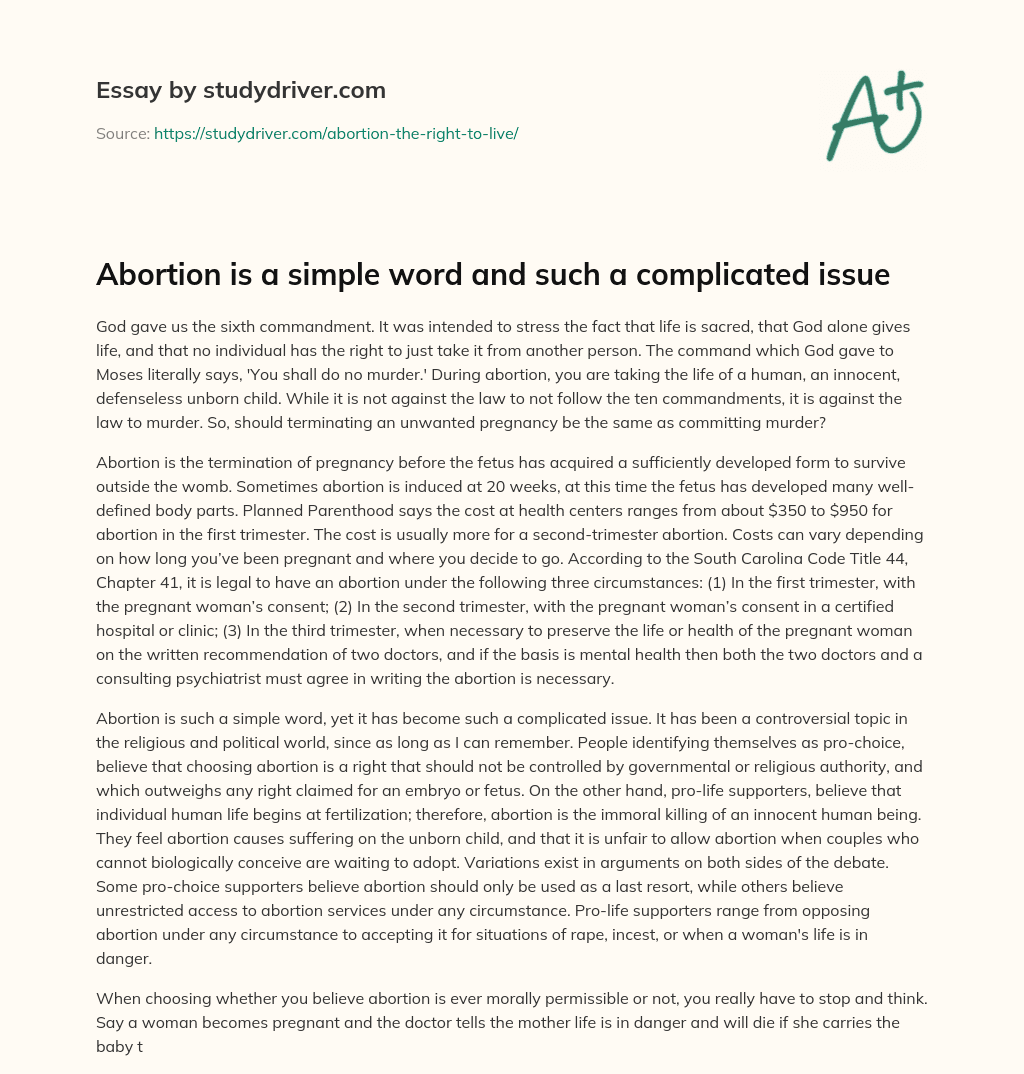 Abortion is a Simple Word and such a Complicated Issue essay