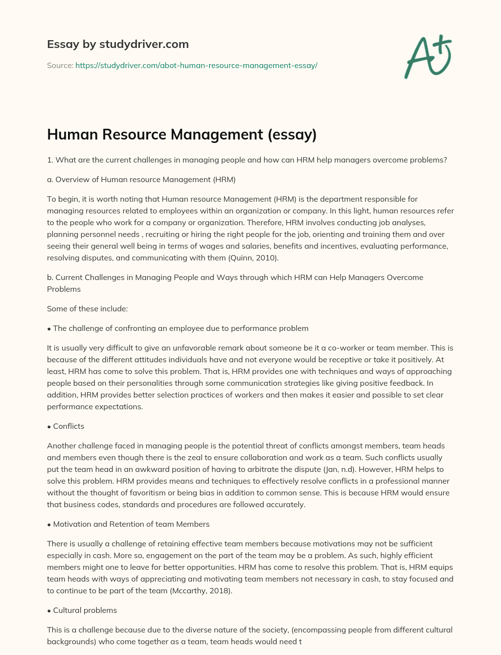 Human Resource Management (essay) essay