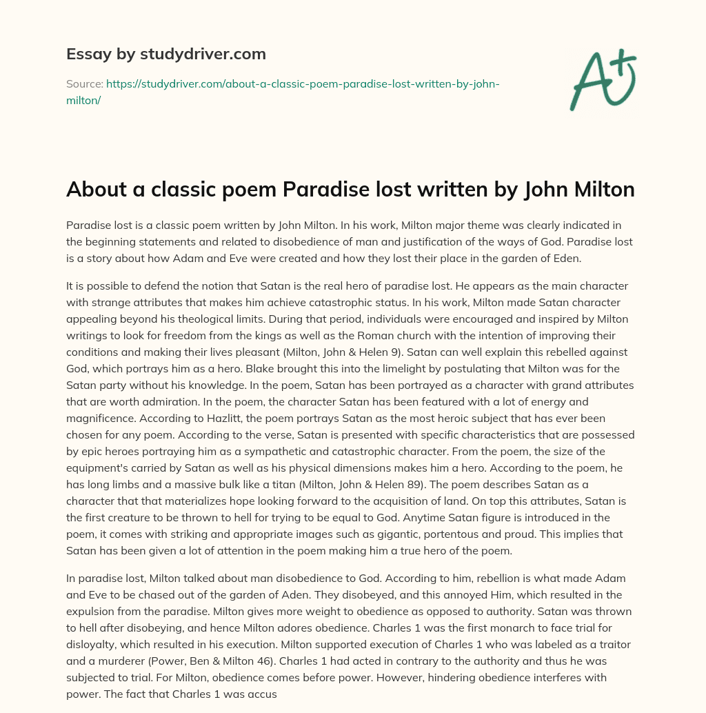 About a Classic Poem Paradise Lost Written by John Milton essay
