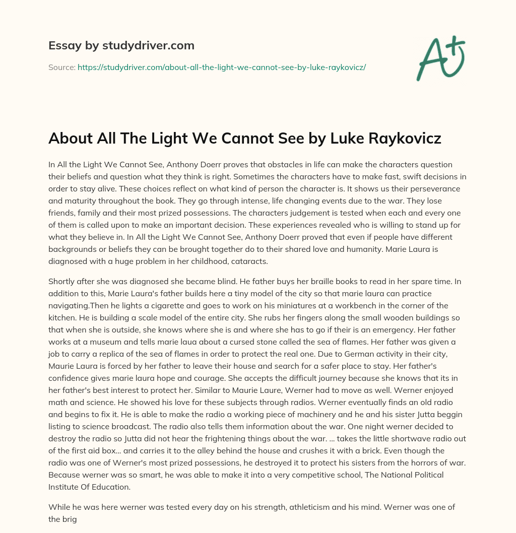 About all the Light we cannot See by Luke Raykovicz essay