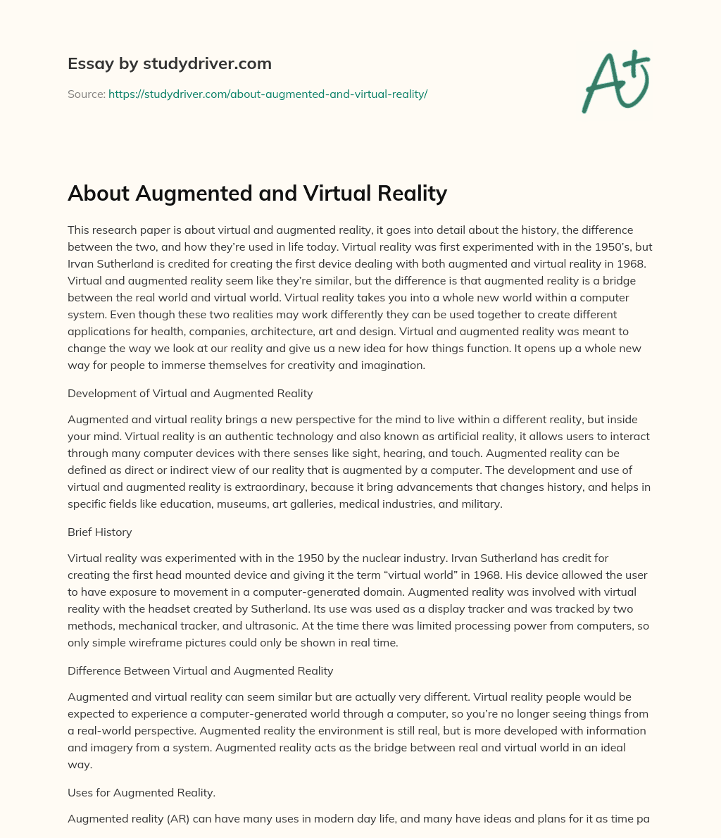 About Augmented and Virtual Reality essay