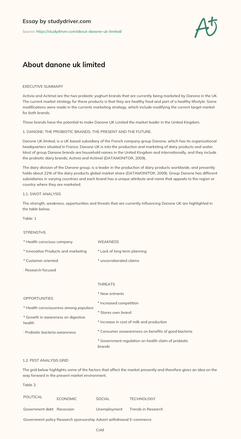 About Danone Uk Limited essay