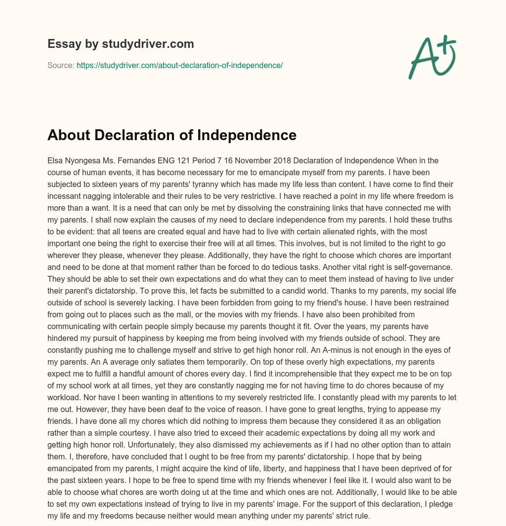 About Declaration of Independence essay