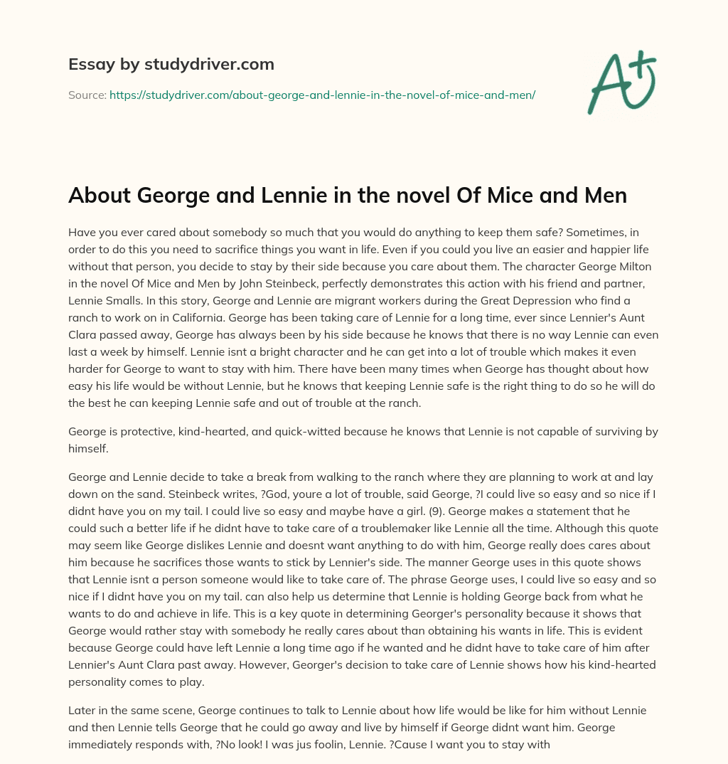 About George and Lennie in the Novel of Mice and Men essay
