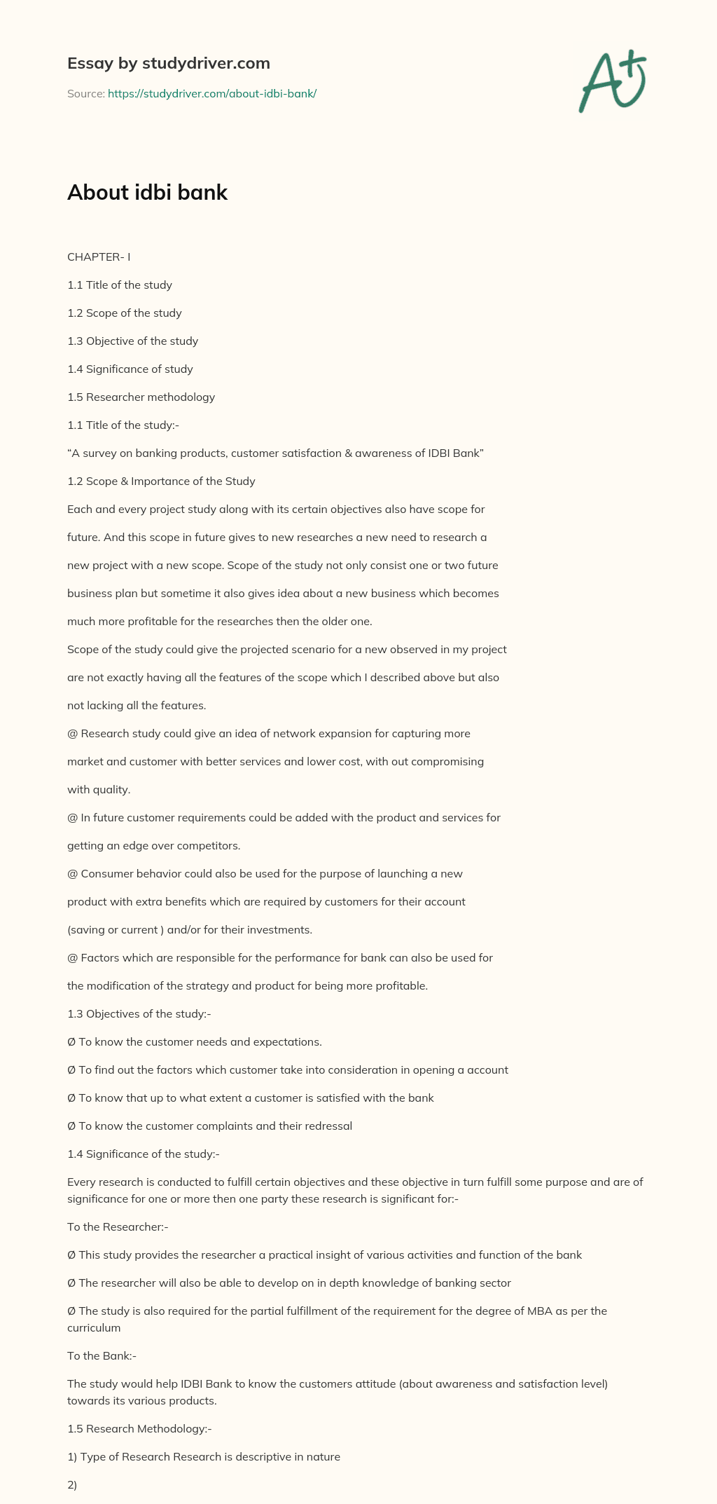 About Idbi Bank essay