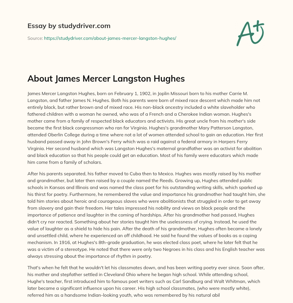 About James Mercer Langston Hughes essay