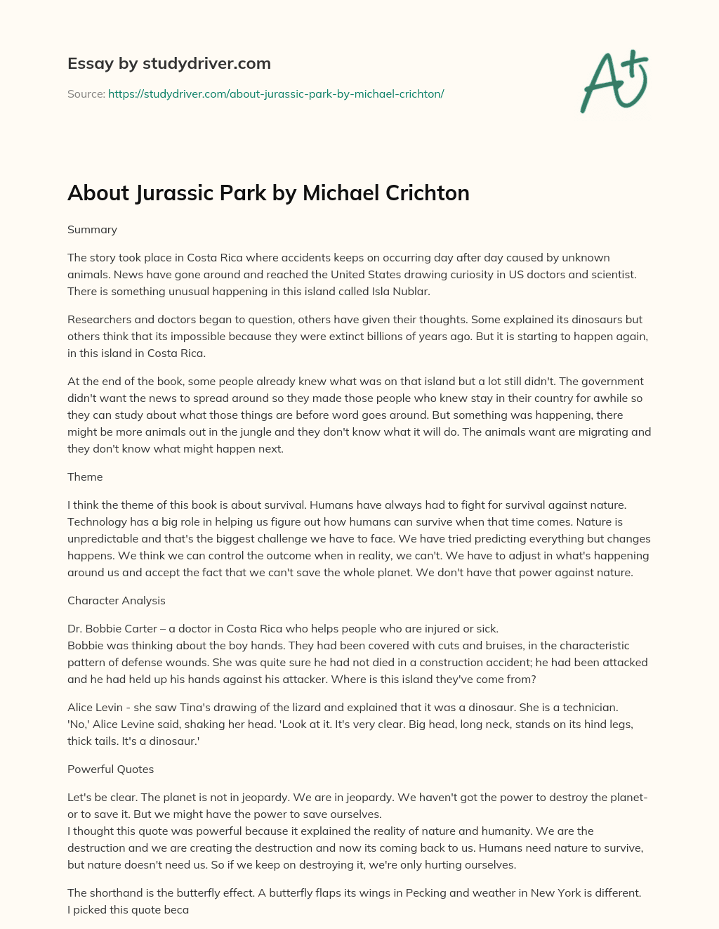 About Jurassic Park by Michael Crichton essay