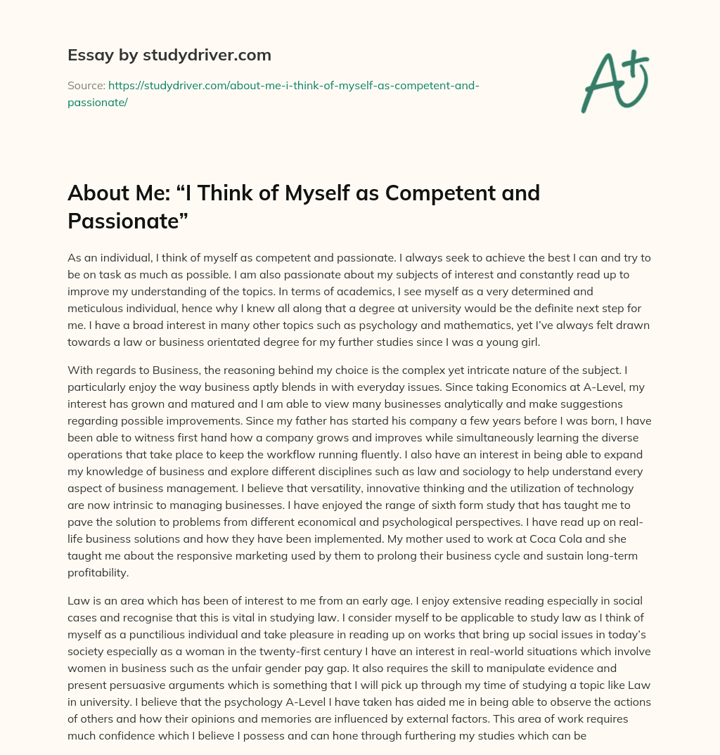 About Me: “I Think of myself as Competent and Passionate” essay