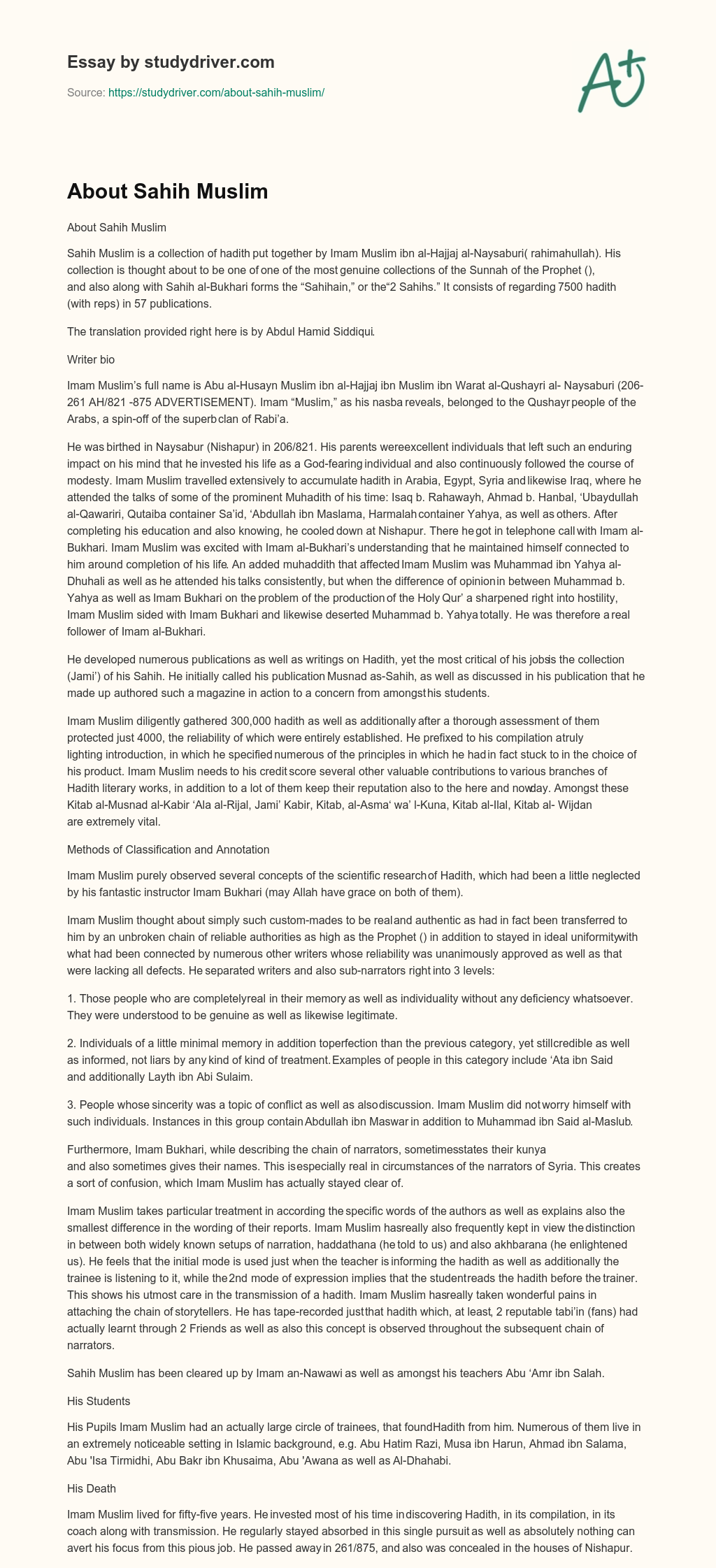 About Sahih Muslim essay