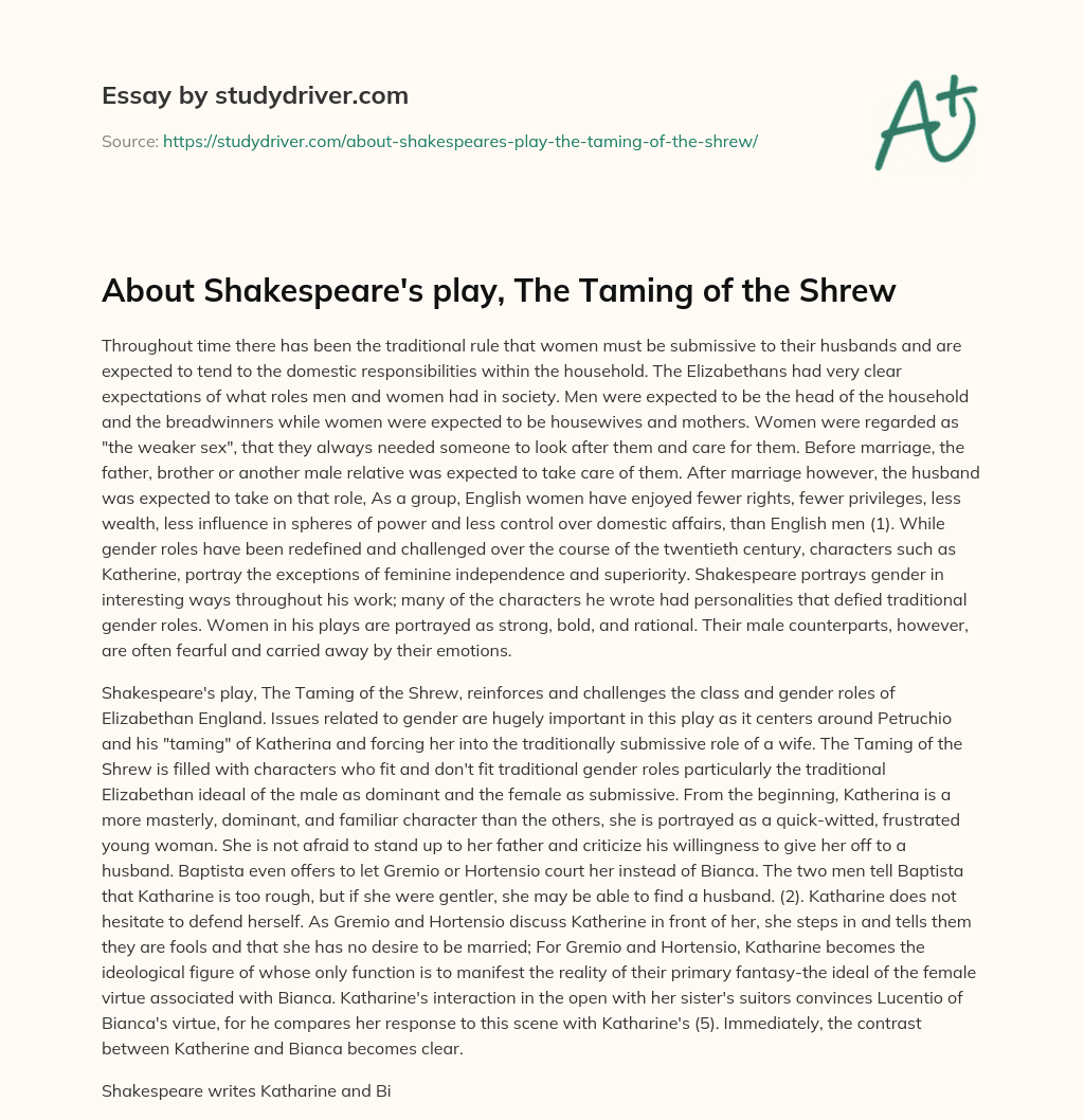 About Shakespeare’s Play, the Taming of the Shrew essay