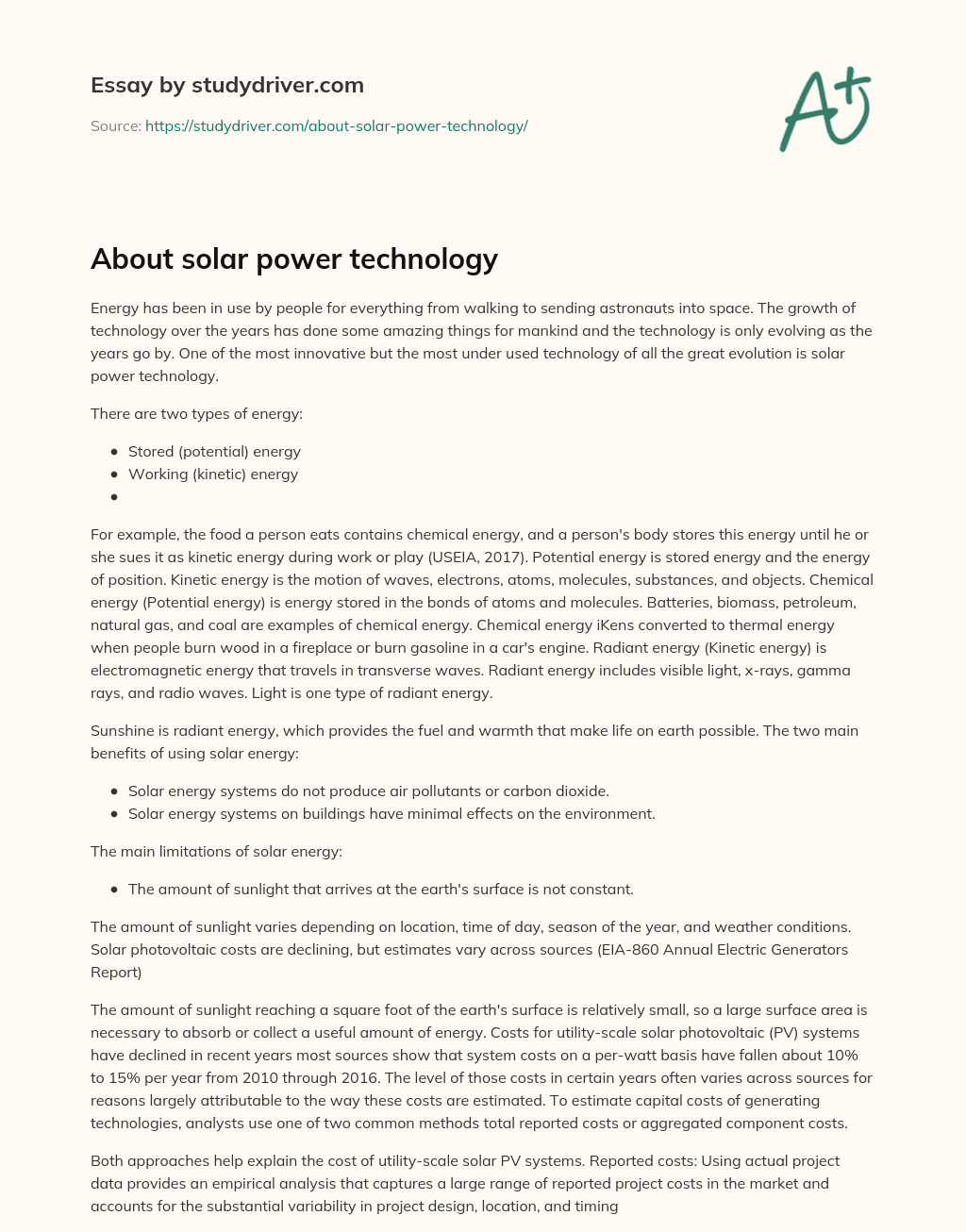 About Solar Power Technology essay