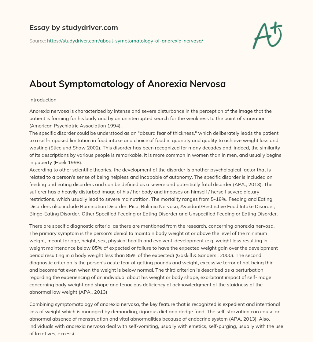 About Symptomatology of Anorexia Nervosa essay