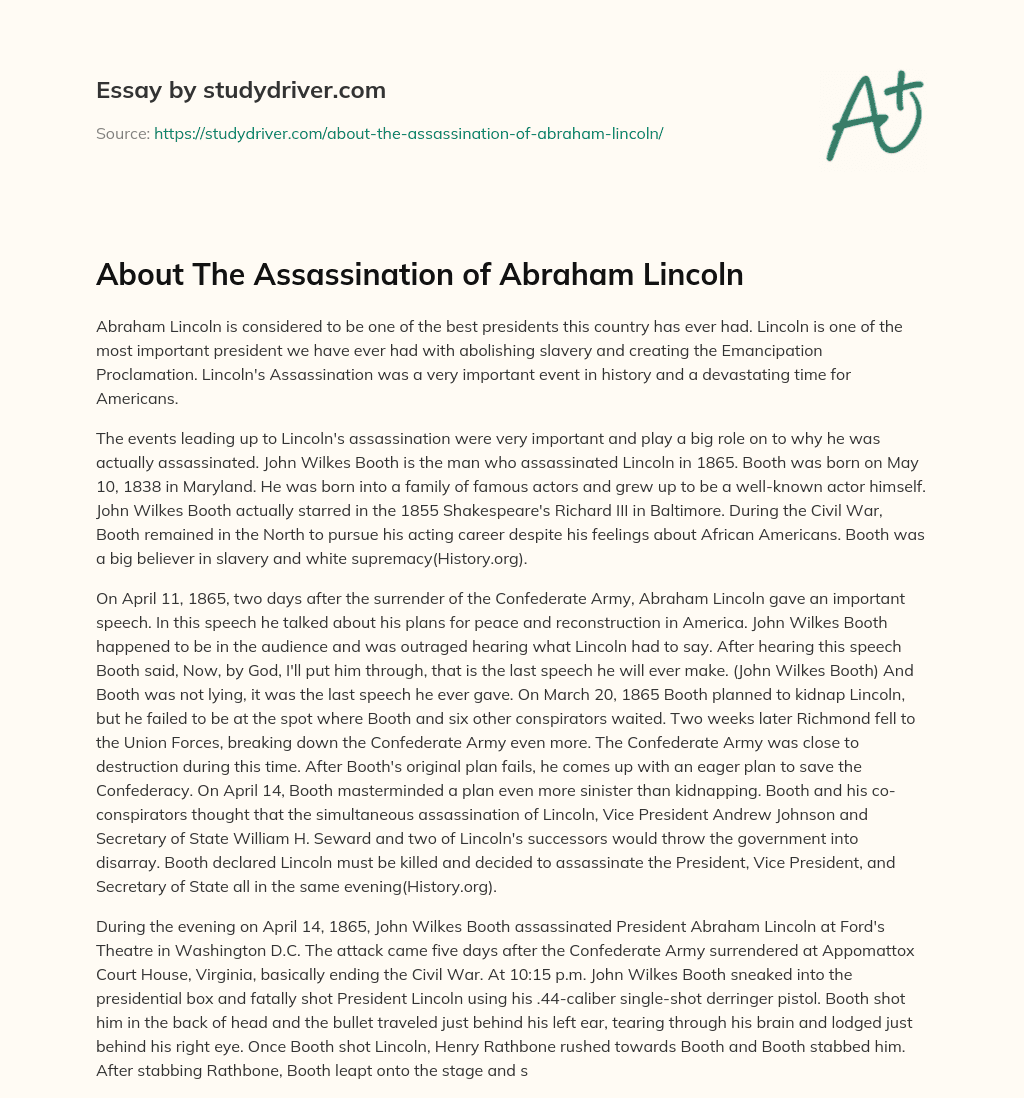 About the Assassination of Abraham Lincoln essay
