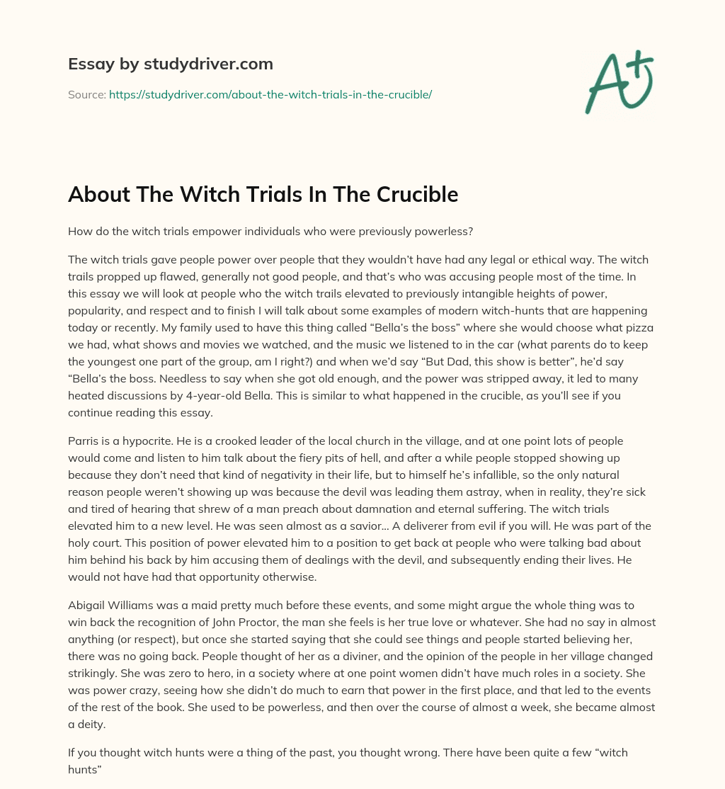 About the Witch Trials in the Crucible essay