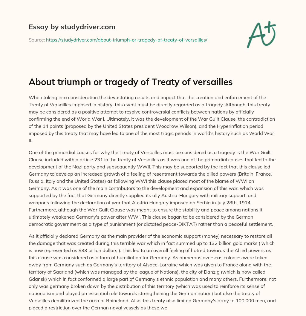 About Triumph or Tragedy of Treaty of Versailles essay