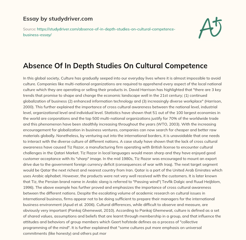 Absence of in Depth Studies on Cultural Competence essay