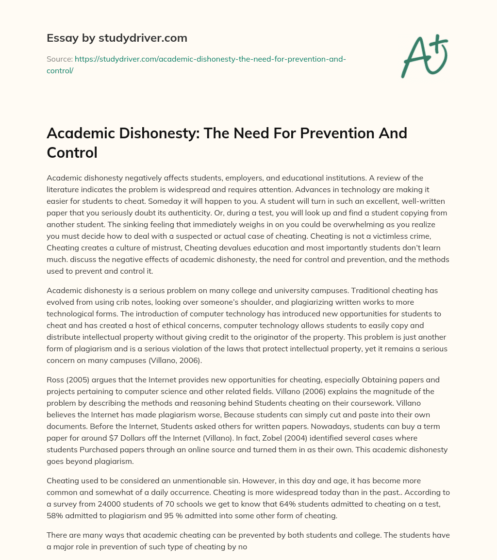 Academic Dishonesty: the Need for Prevention and Control essay