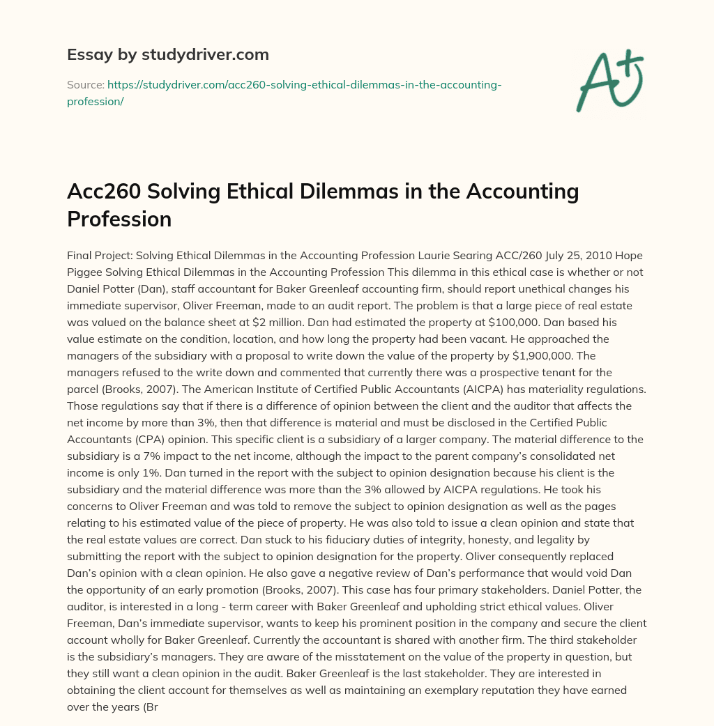 Acc260 Solving Ethical Dilemmas in the Accounting Profession essay