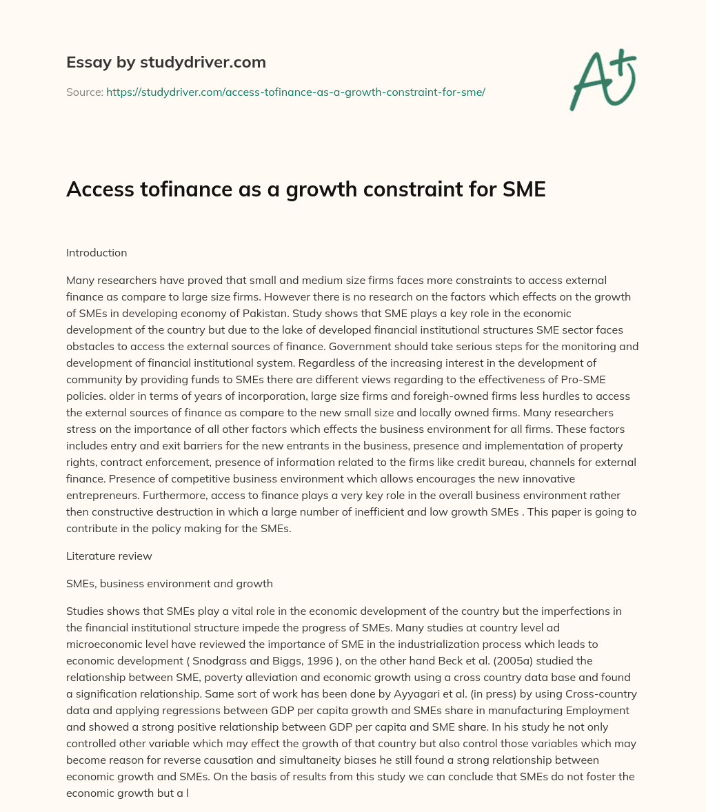 Access Tofinance as a Growth Constraint for SME essay